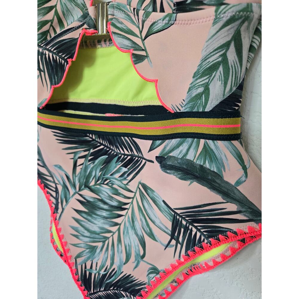 River Island Tropical Palm Print Scalloped One Piece Swimsuit Size 12 Neon Trim - Picture 4 of 10